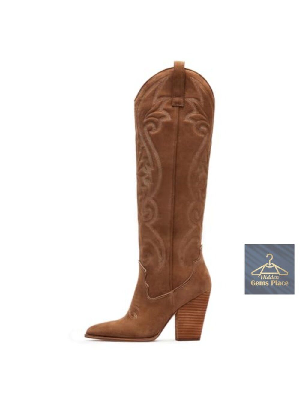 Knee High Cowboy Boots Women Pointed Toe Chunky Heels Embroidered PU Leather